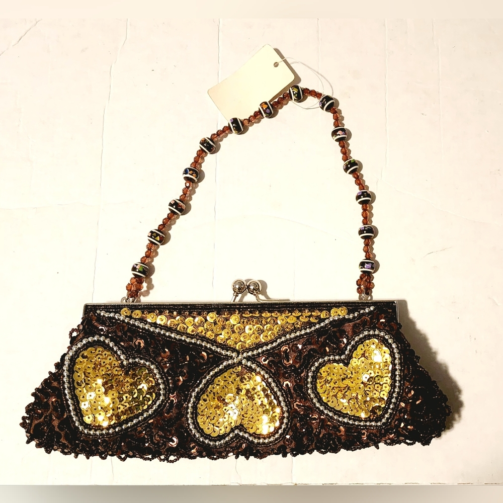 Gold and brown sequins heart clutch shoulder bag, Valentine's, love